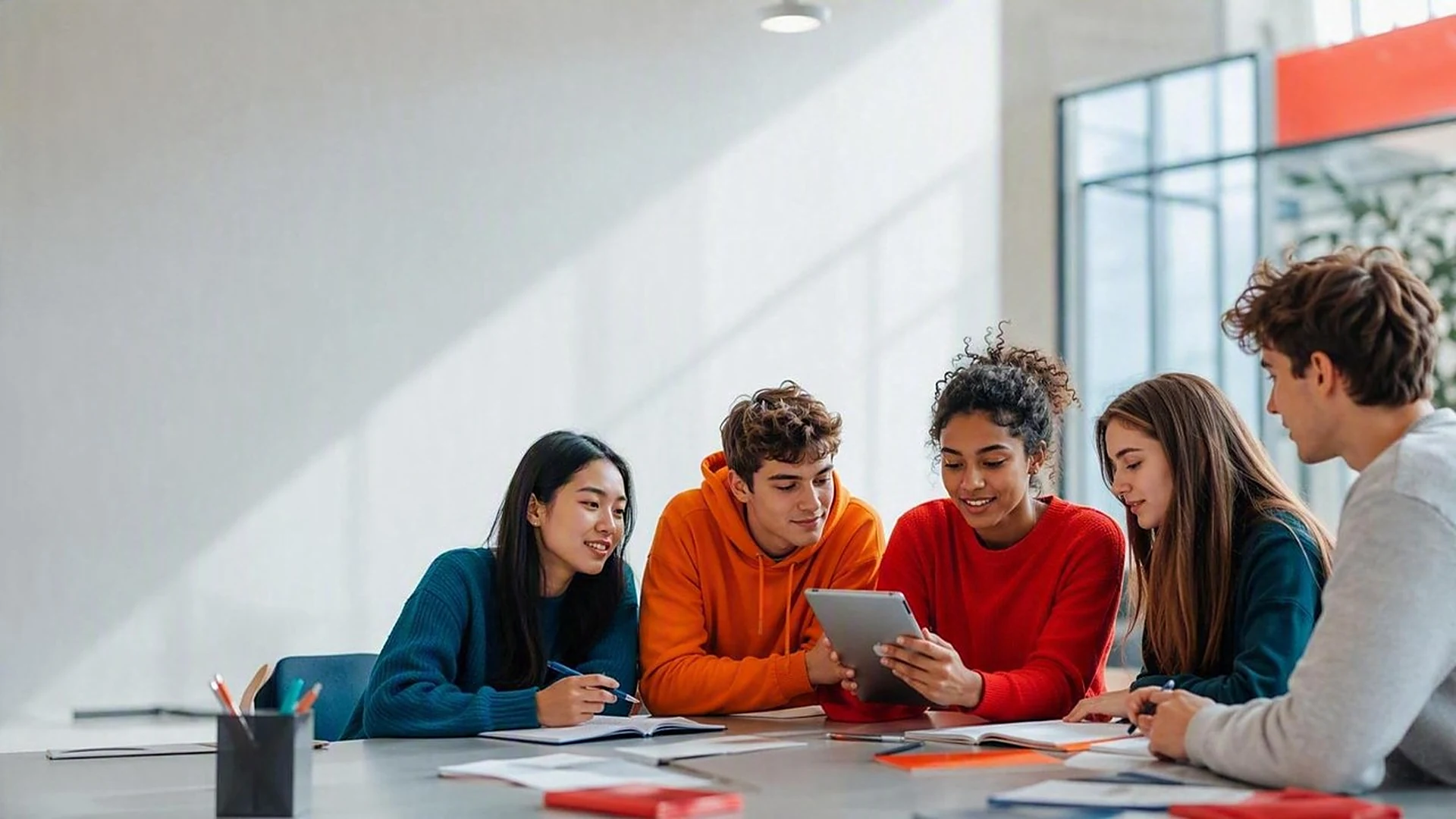 Groupe de lycéens échangeant autour d'une tablette