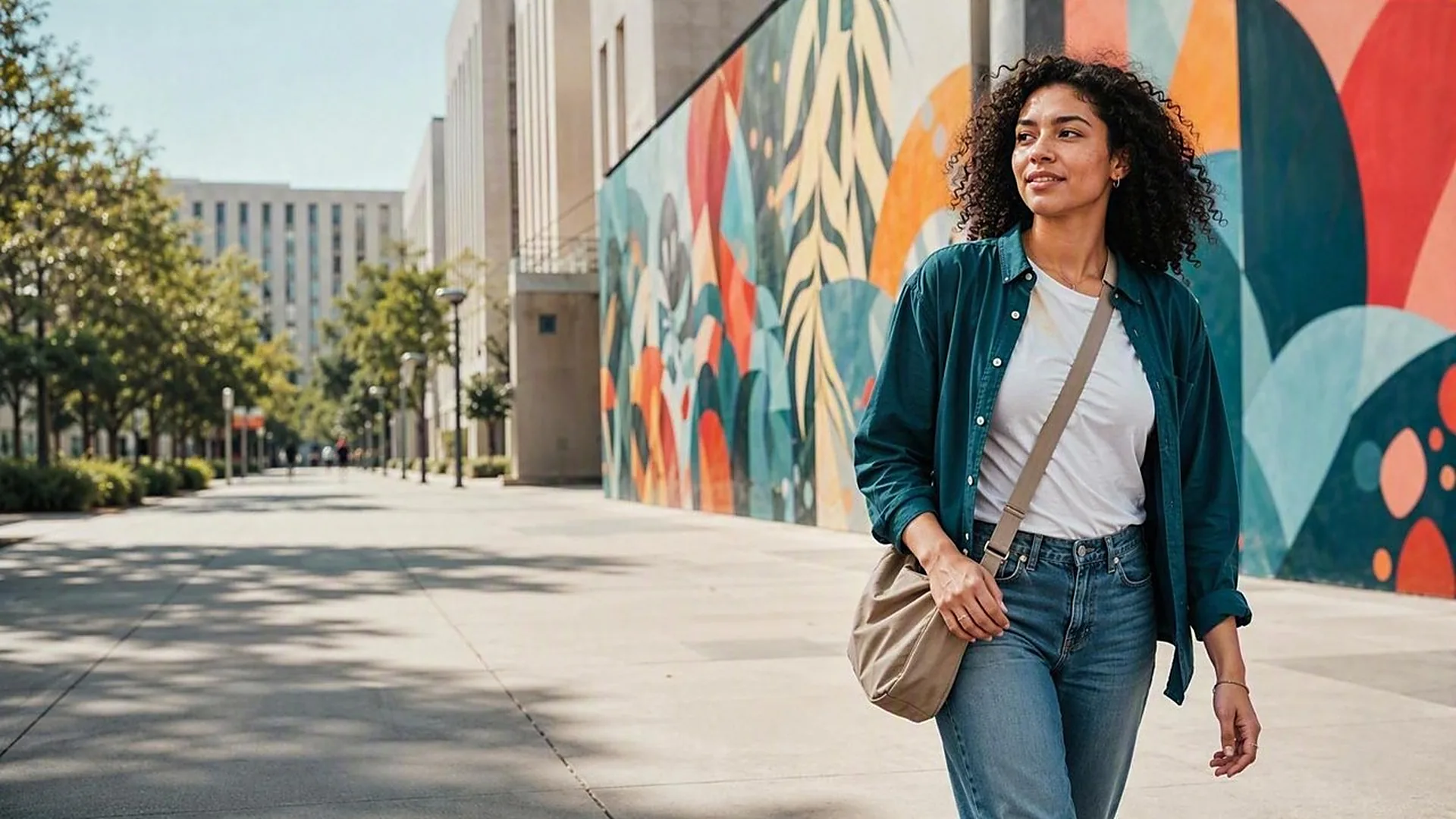 Jeune femme souriante marchant sur un campus devant une fresque colorée