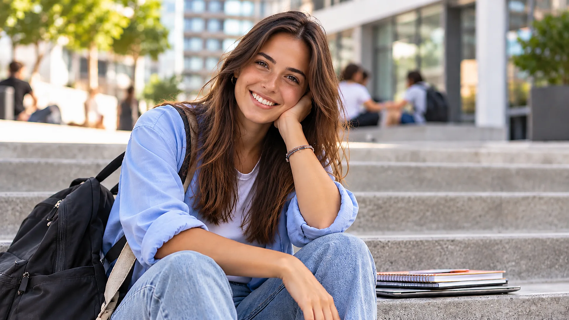 Étudiante souriante, la main sur la joue, sur un campus