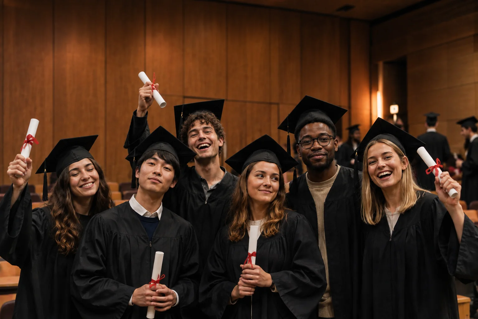 Groupe d'étudiants diplômés en toge, diplôme à la main